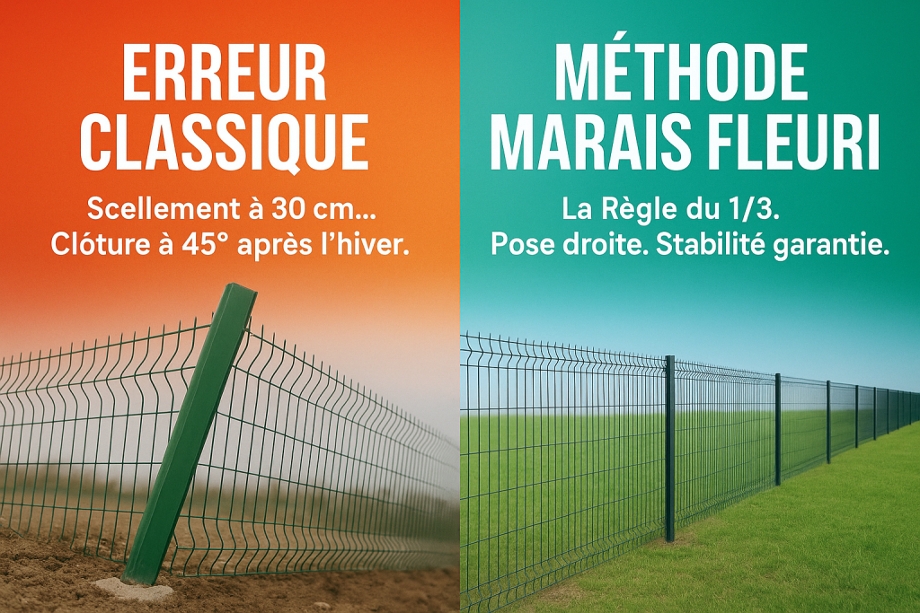 Pose clôture rigide 6/5/6 : scellement poteau et astuce alignement Marais Fleuri 17 85