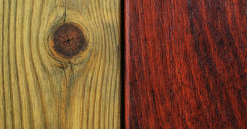 Comparaison visuelle entre une lame de terrasse en pin traité autoclave et une lame en bois exotique rouge.
