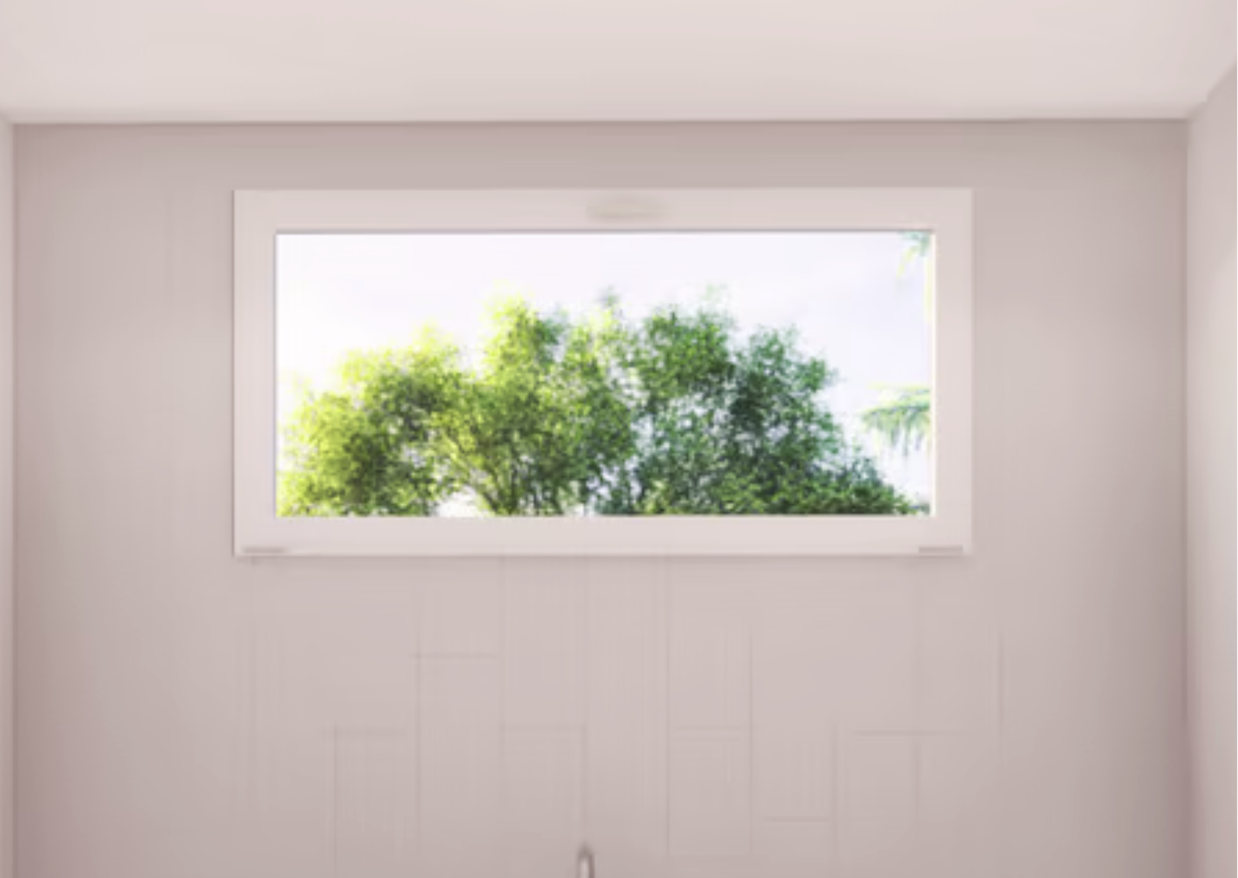 Châssis abattant en PVC blanc en position ouverte permettant l'aération d'une pièce avec vue sur l'extérieur.