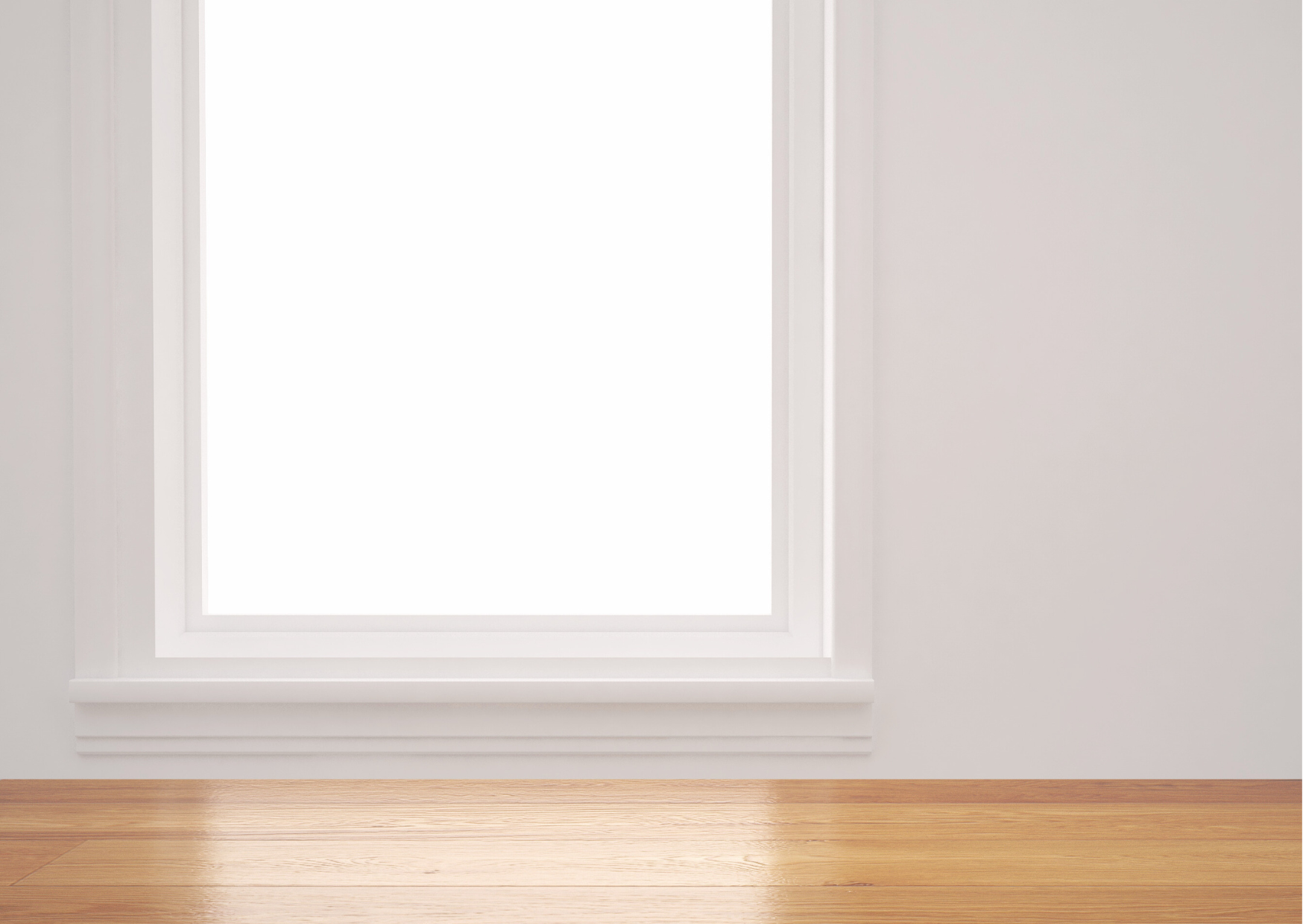 Vue intérieure d'un châssis fixe en PVC blanc apportant une lumière naturelle intense au-dessus d'un parquet en bois.