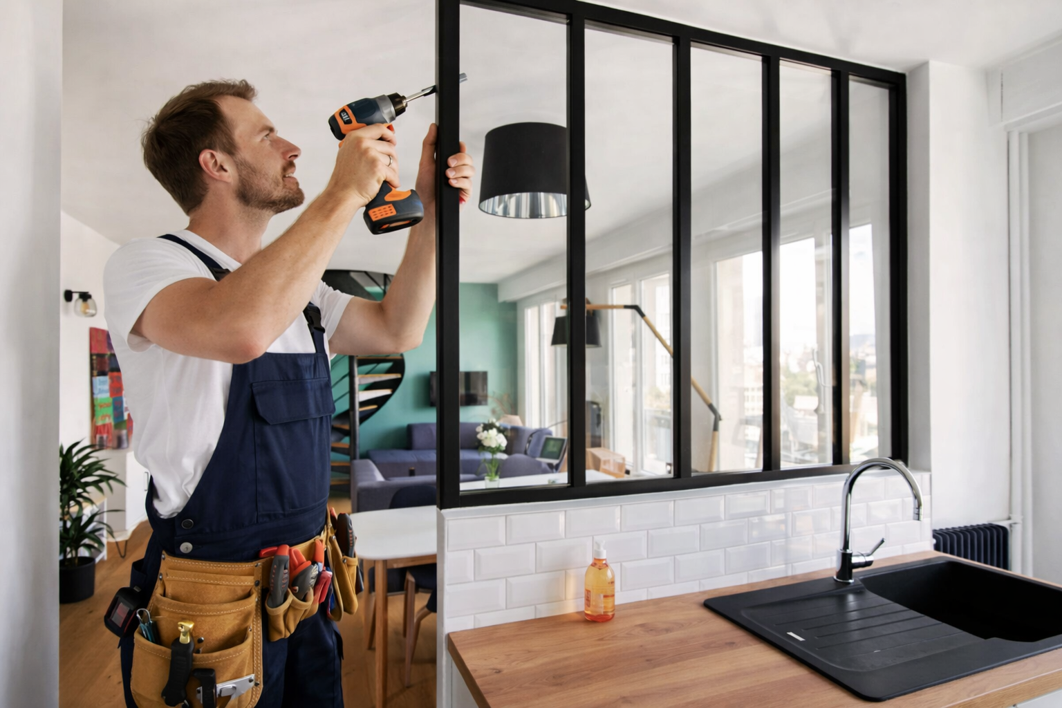 Poseur professionnel installant une verrière de style atelier avec cadre noir dans un appartement moderne.