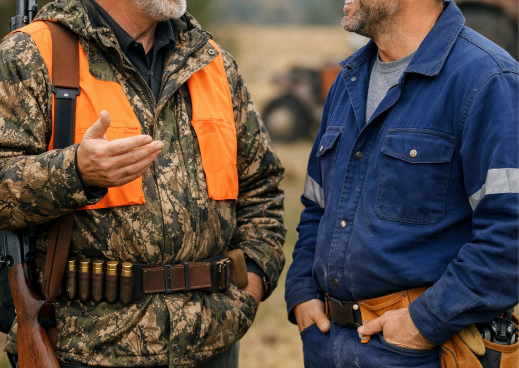 Gros plan sur un chasseur en veste de camouflage et gilet orange discutant avec un homme en tenue de travail robuste avec ceinture porte-outils.