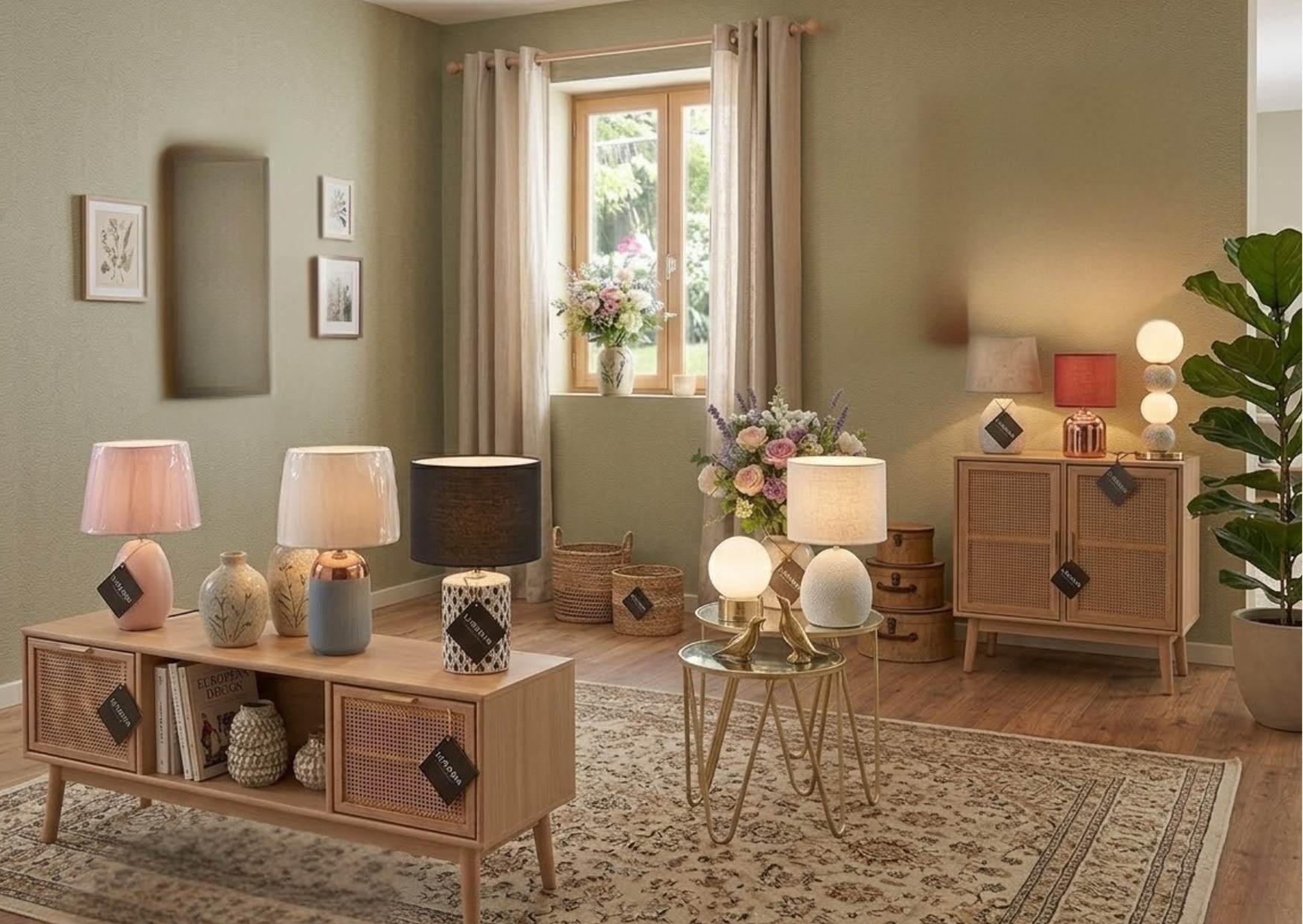 Personnalisation de salon avec meubles TV et buffet en rotin, collection de luminaires et déco disponible chez Marais Fleuri.