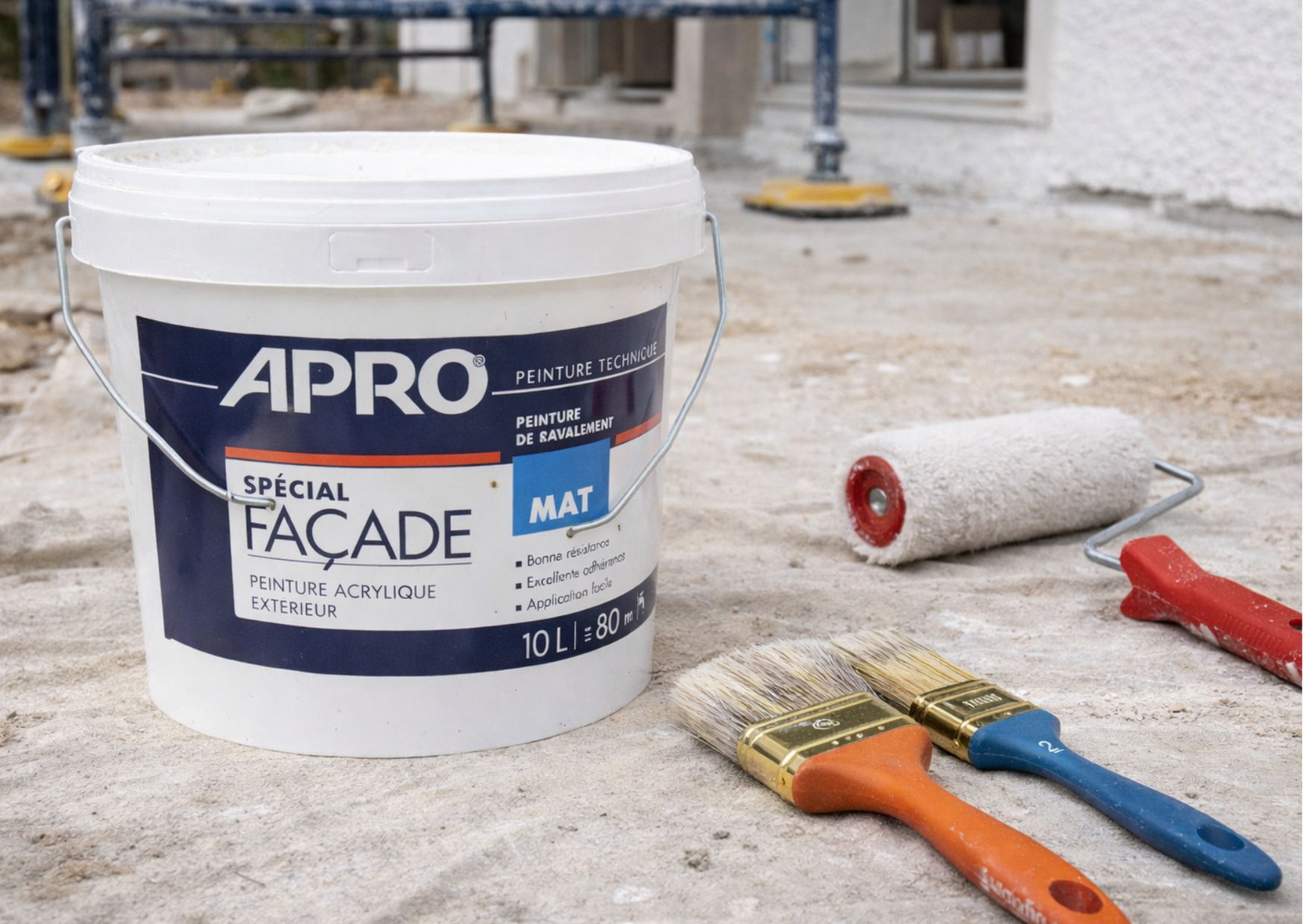 Matériel de peinture pour façade : pot de peinture APRO Mat, pinceaux et rouleau sur bâche de protection, disponible au Marais Fleuri.
