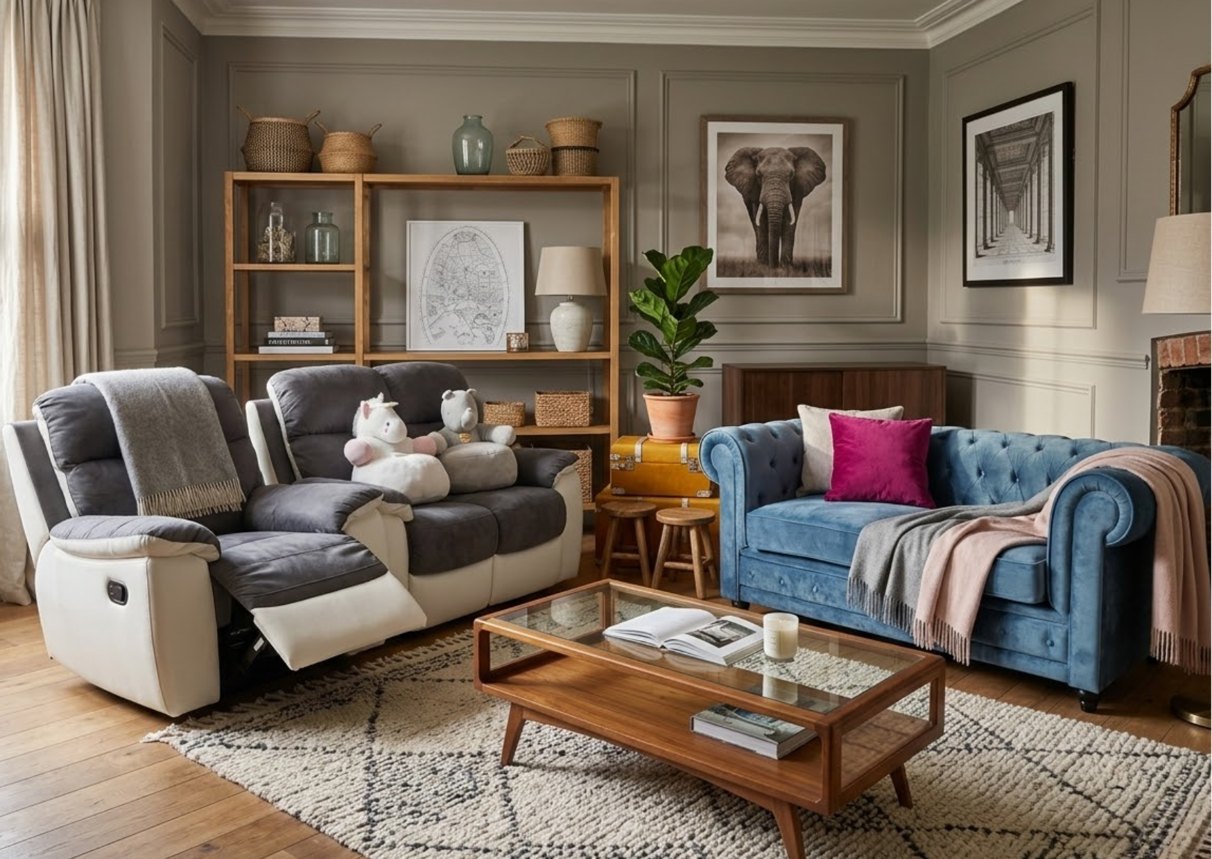 Aménagement de salon avec canapé et bibliothèque, mobilier disponible immédiatement au Marais Fleuri.