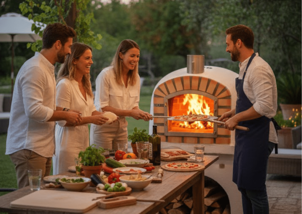 Moment de convivialité après un achat four à bois extérieur pour cuisiner des pizzas en famille