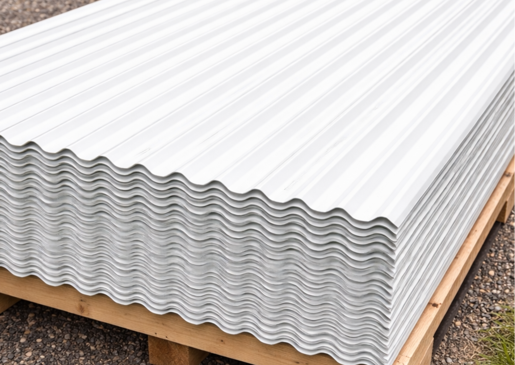 Pile de plaques de toiture ondulées en acier gris clair prêtes pour la livraison sur un chantier.