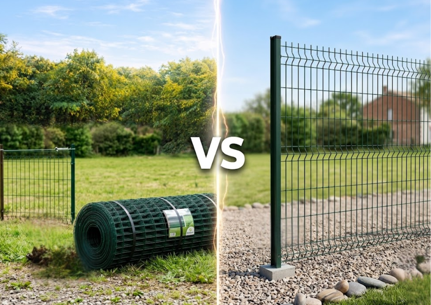 Duel clôture : grillage souple vert vs panneaux rigides verts au Marais Fleuri