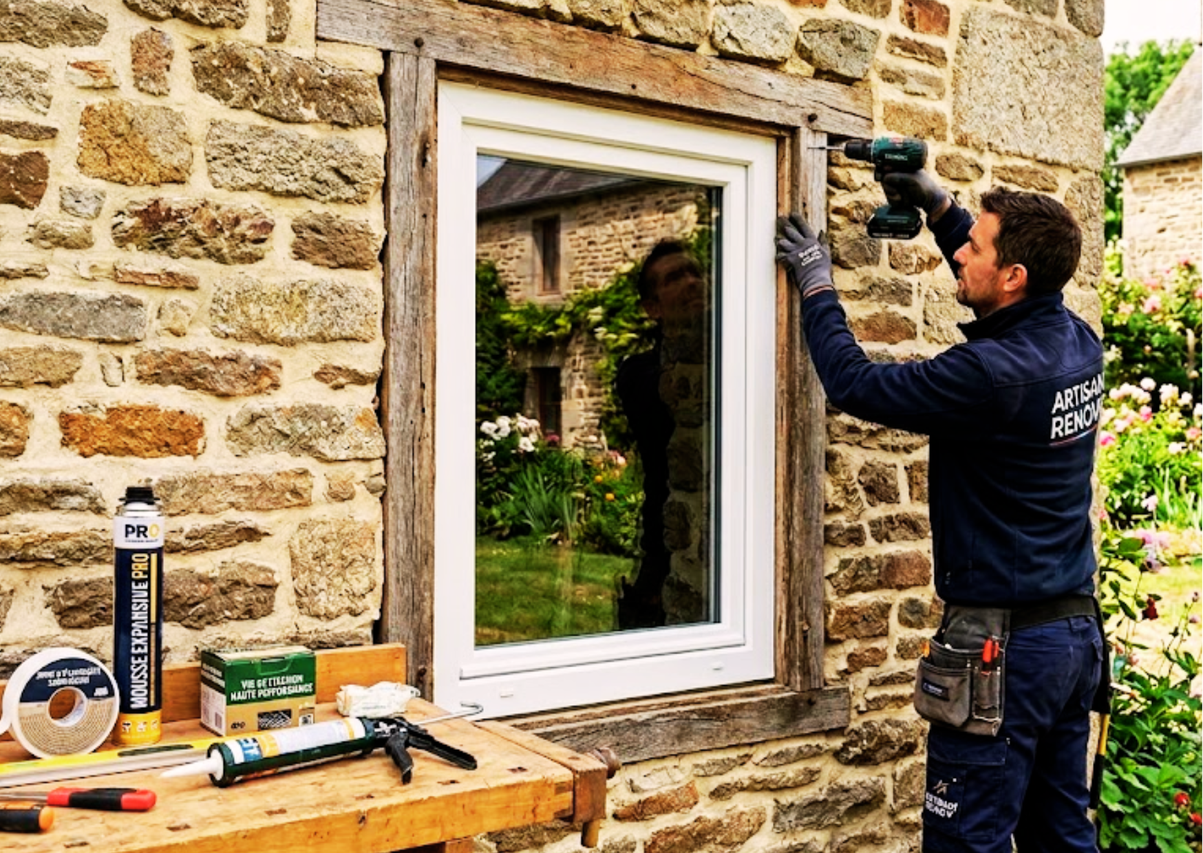 Artisan installant une nouvelle fenêtre PVC blanc dans une maison ancienne en pierre, menuiserie et produits de pose disponible chez Marais Fleuri.