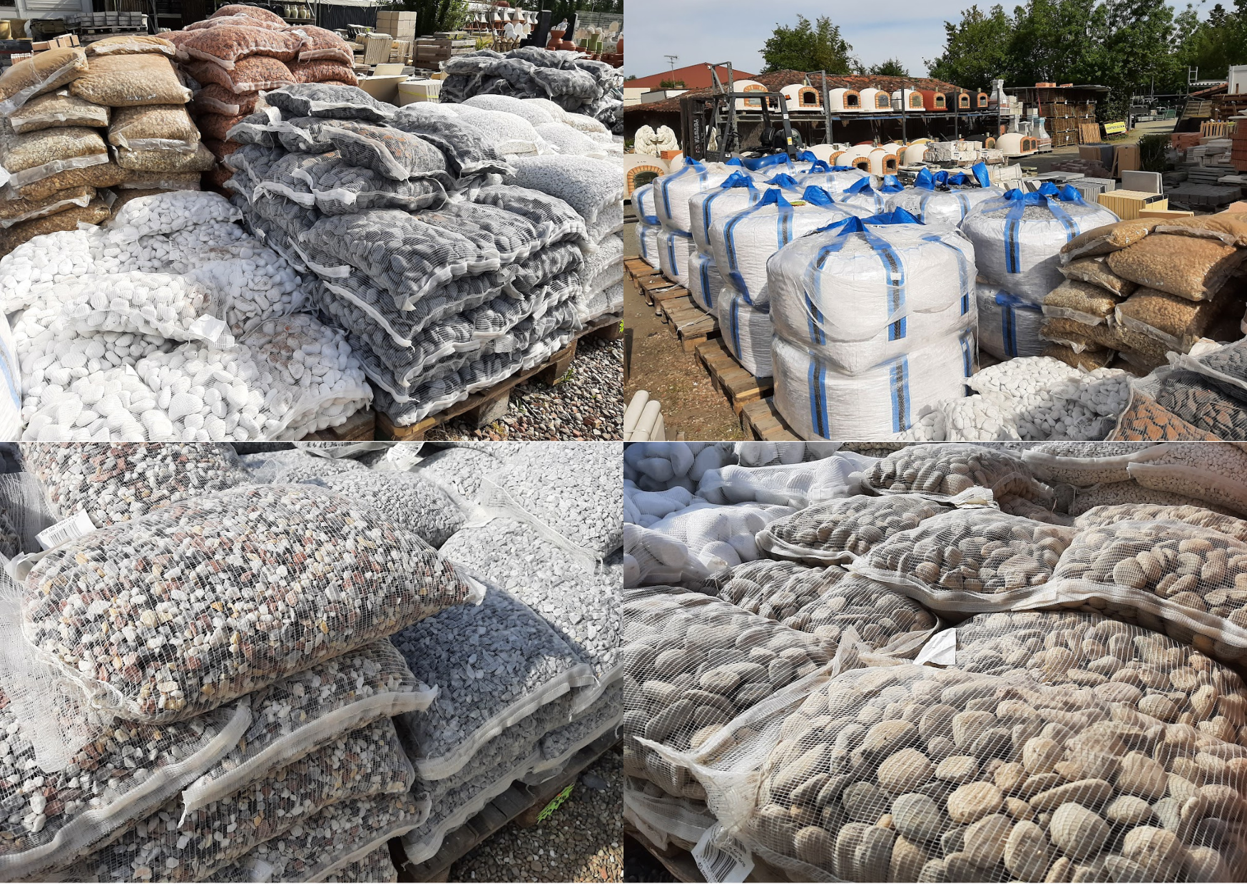 Large choix de galets blancs, graviers gris et pierres décoratives en sacs et big bags pour l'aménagement de jardin chez Marais Fleuri.