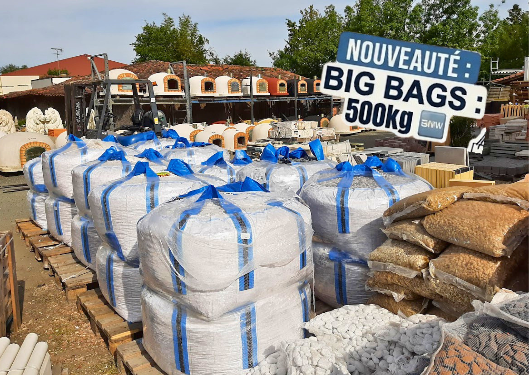 Annonce des nouveaux Big Bags de 500 kg pour graviers et galets, disponibles au dépôt Marais Fleuri pour faciliter vos petits chantiers.