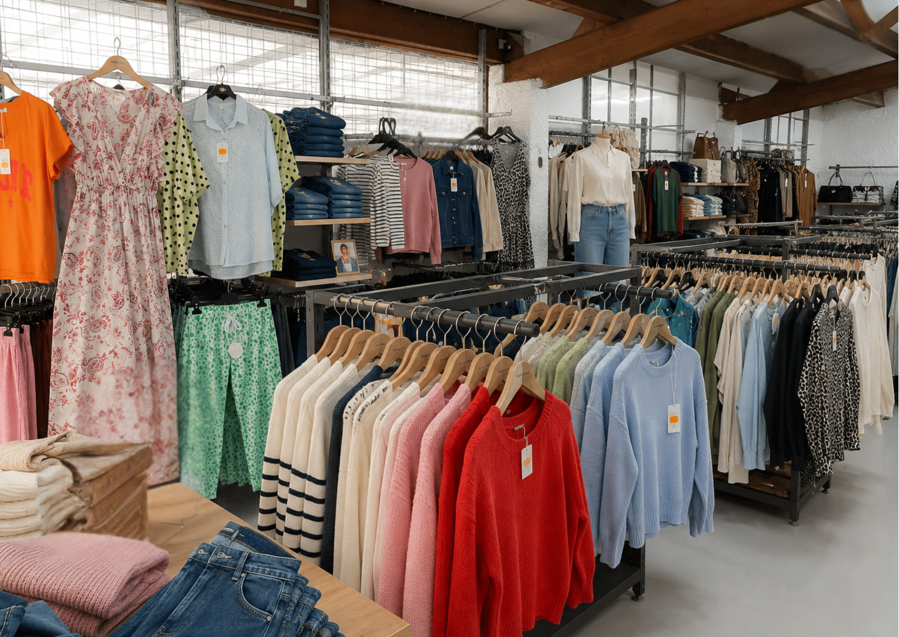 Espace mode et habillement achalandé avec mannequins et vêtements de marque présentés sur portants chez Marais Fleuri.