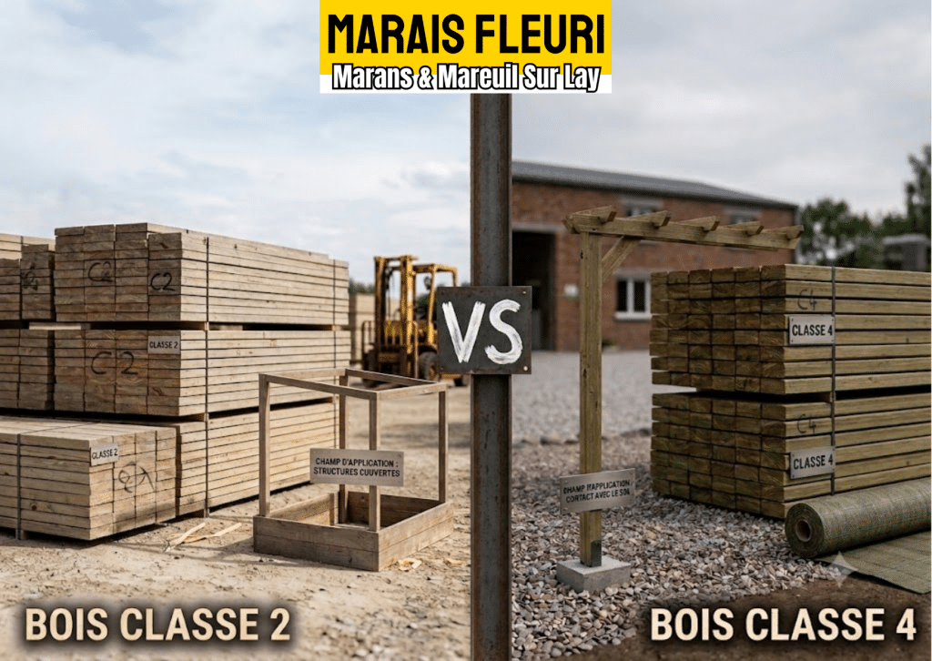 Guide comparatif entre le bois de charpente classe 2 pour intérieur et le bois autoclave classe 4 pour extérieur chez Marais Fleuri à Marans (17) et Mareuil-sur-Lay (85).