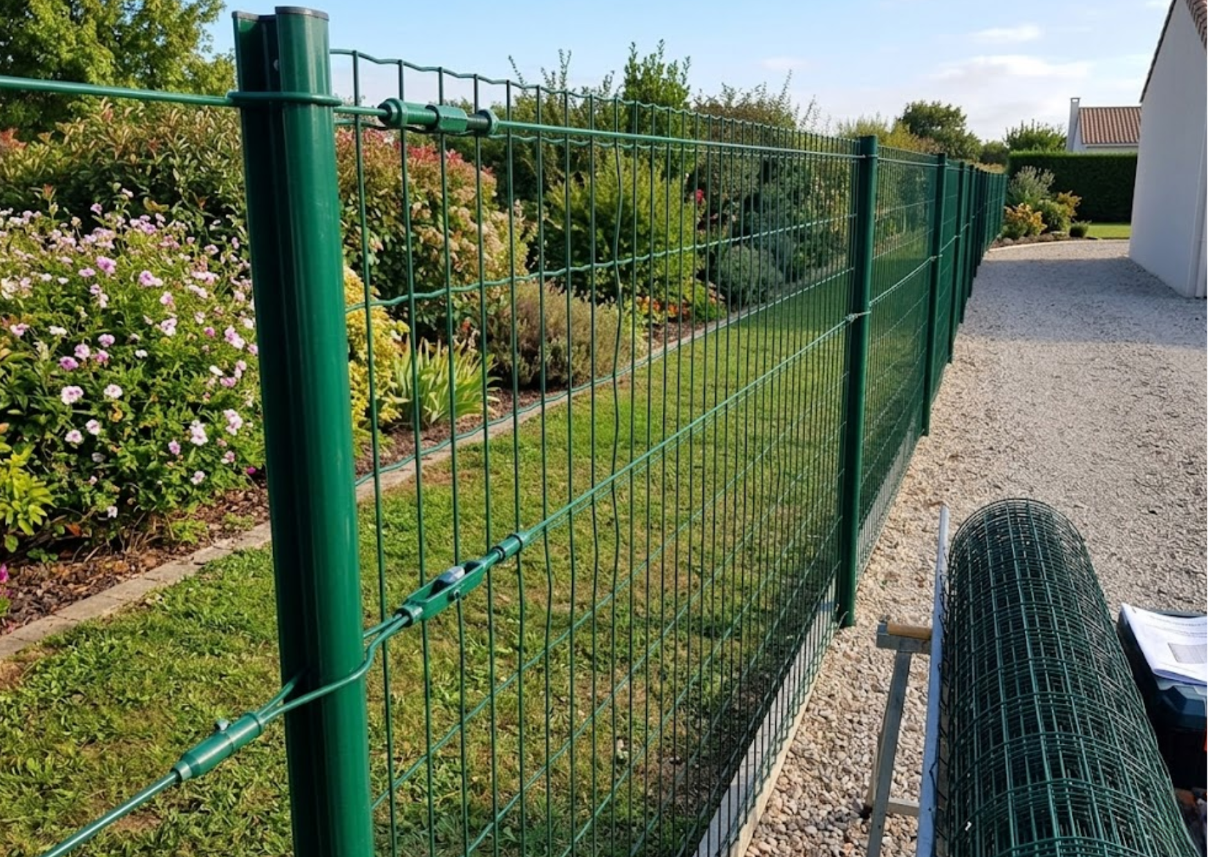 Exemple d'installation d'un grillage souple vert en rouleau pour délimiter un terrain résidentiel.