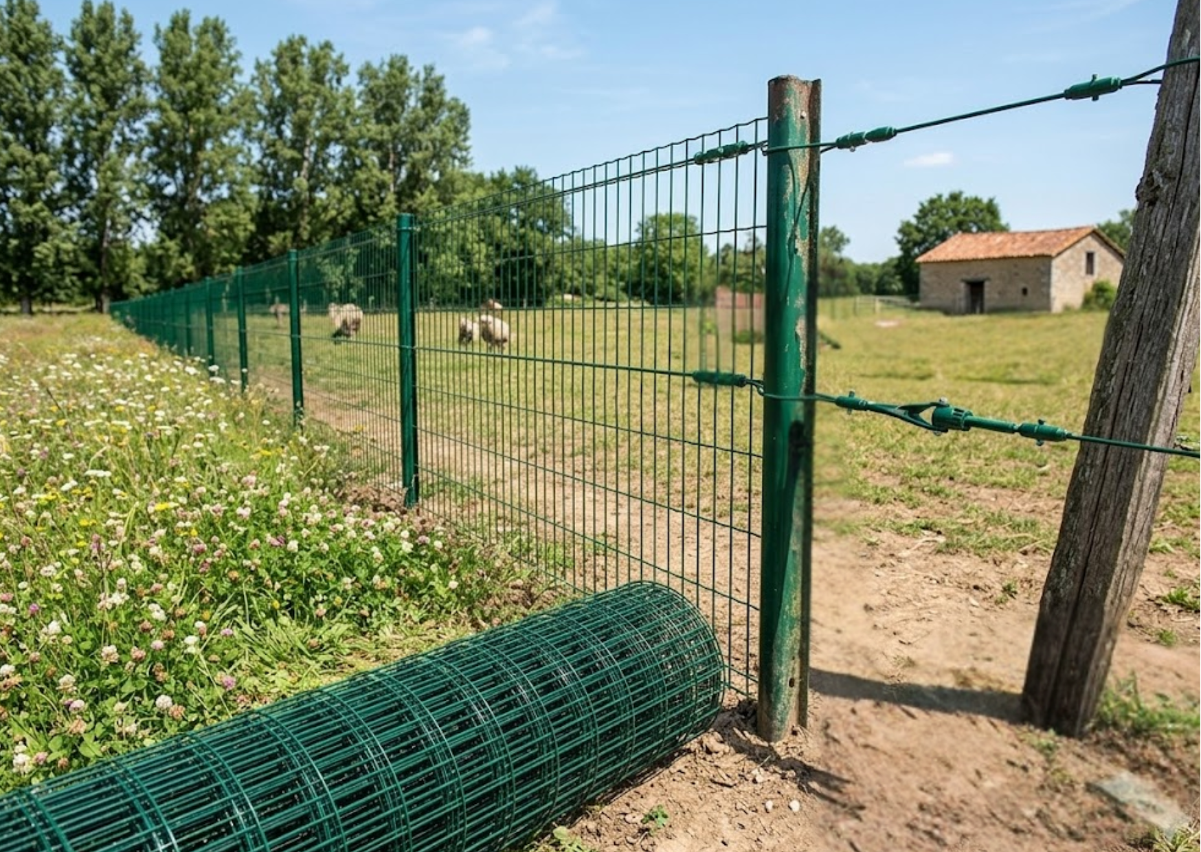 Installation extérieure d'un grillage souple en rouleau fixé sur des poteaux pour la délimitation de prairies et d'enclos de campagne.