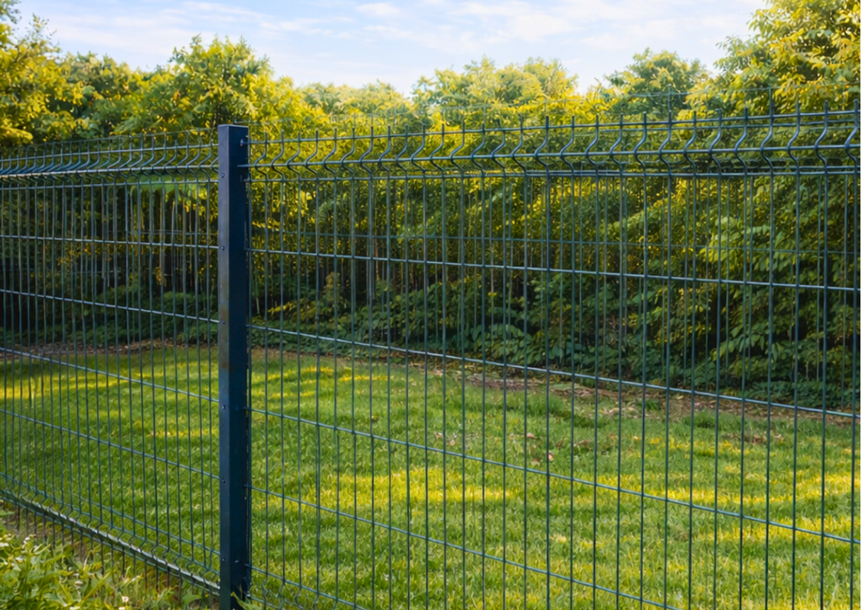 Clôture en panneaux rigides verts installée le long d'un jardin avec pelouse et arbres.