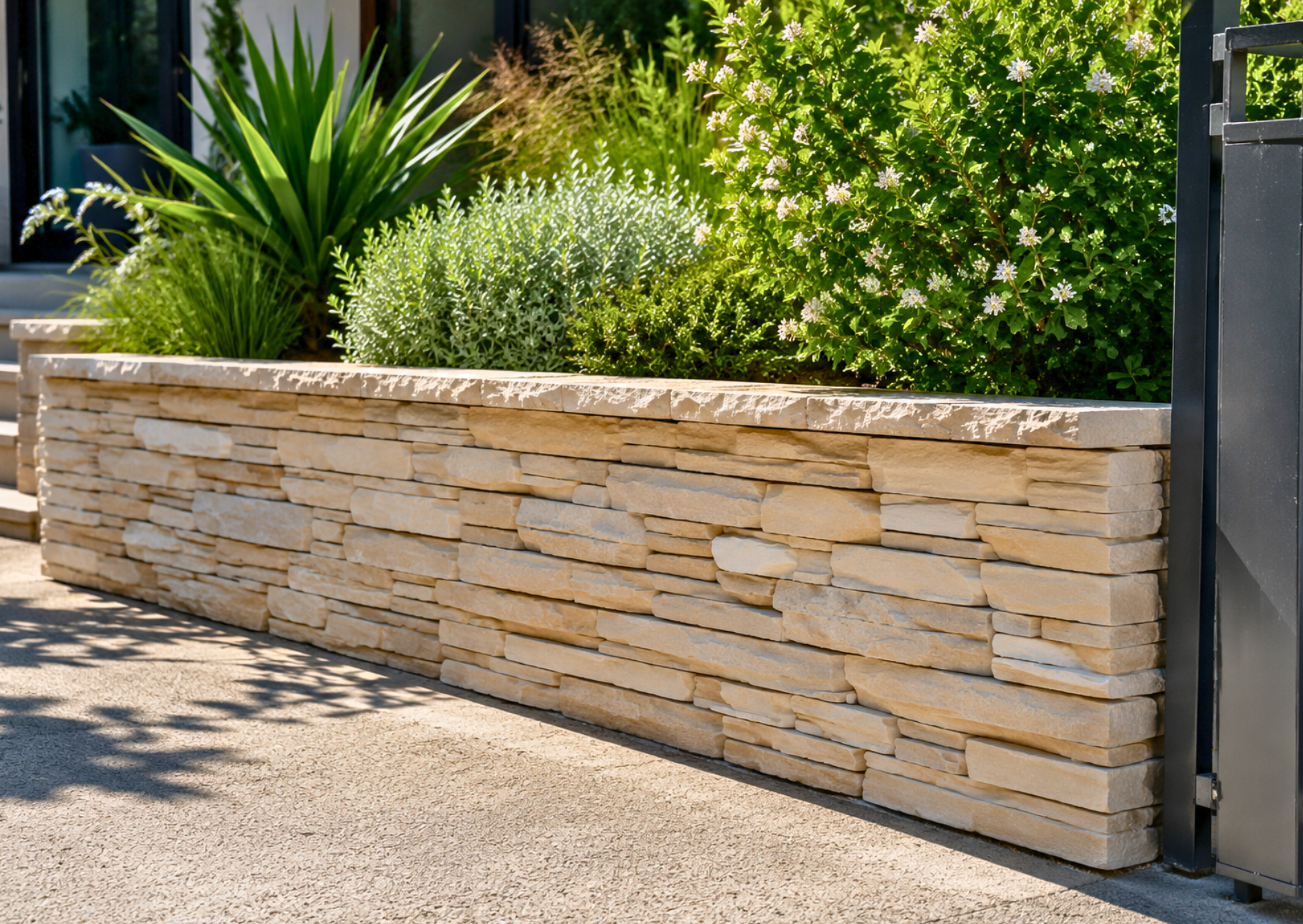 Muret de jardin habillé de plaquettes de parement aspect pierre naturelle beige ocre avec couvertines de finition.