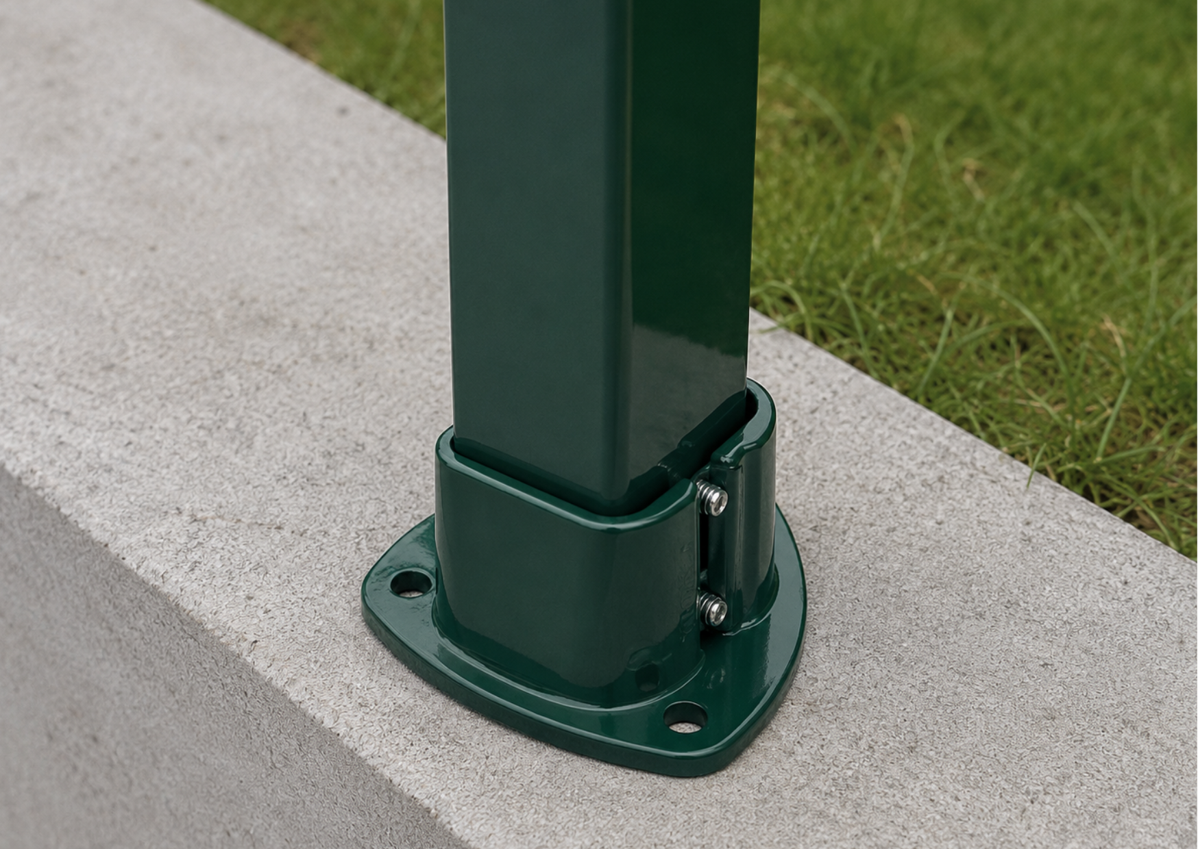 Platine de fixation à visser sur muret en béton pour poteau de grillage rigide vert chez Marais Fleuri.