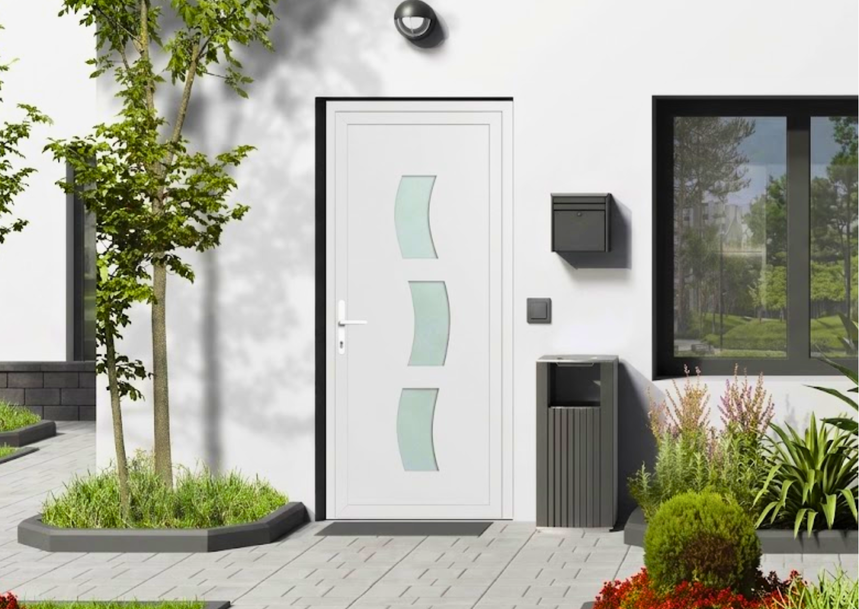 Porte d'entrée moderne en PVC blanc avec trois vitrages dépolis en forme de vagues, installée sur une façade de maison blanche contemporaine, disponible chez Marais Fleuri à Marans.