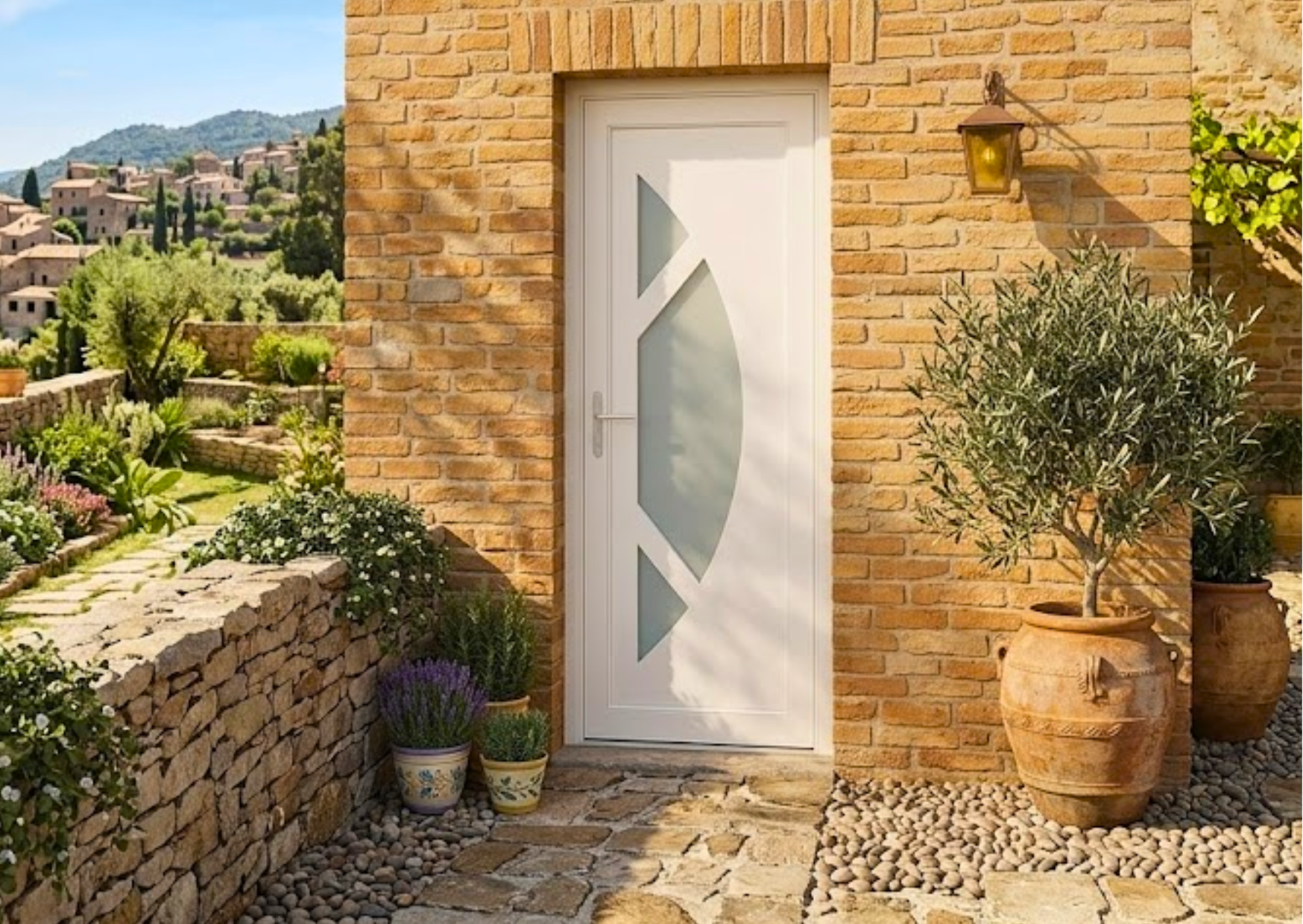 Porte d'entrée en PVC blanc moderne avec vitrage design géométrique et poignée inox, installée sur une façade en pierres claires dans un jardin méditerranéen aménagé, disponible chez Marais Fleuri à Marans.