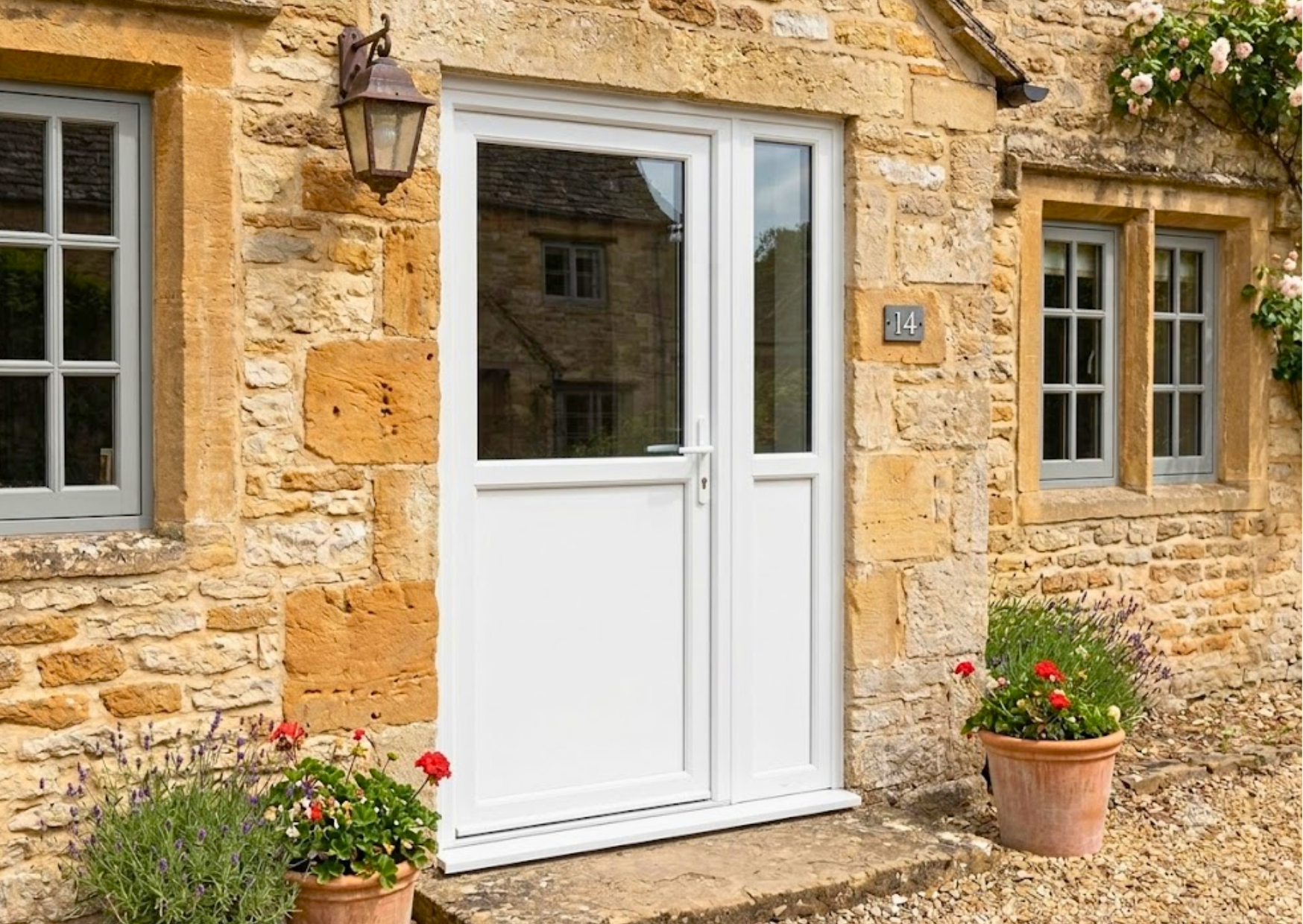 Porte d'entrée tiercée en PVC blanc semi-vitrée installée sur une façade en pierres apparentes avec terrasse fleurie, disponible chez Marais Fleuri à Marans.