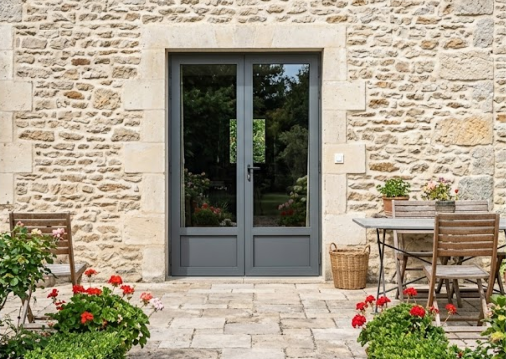 Porte-fenêtre vitrée à 2 vantaux en aluminium gris anthracite RAL 7016 avec soubassement pleine hauteur, installée sur une façade en pierre naturelle avec terrasse aménagée, disponible chez Marais Fleuri à Marans.