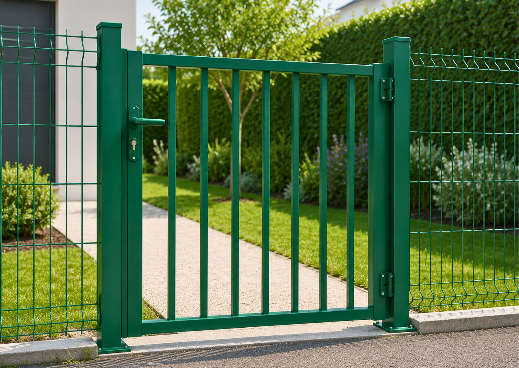 Portillon de jardin barreaudé en acier vert avec poignée et serrure à clé, installé à l'entrée d'une propriété chez Marais Fleuri.