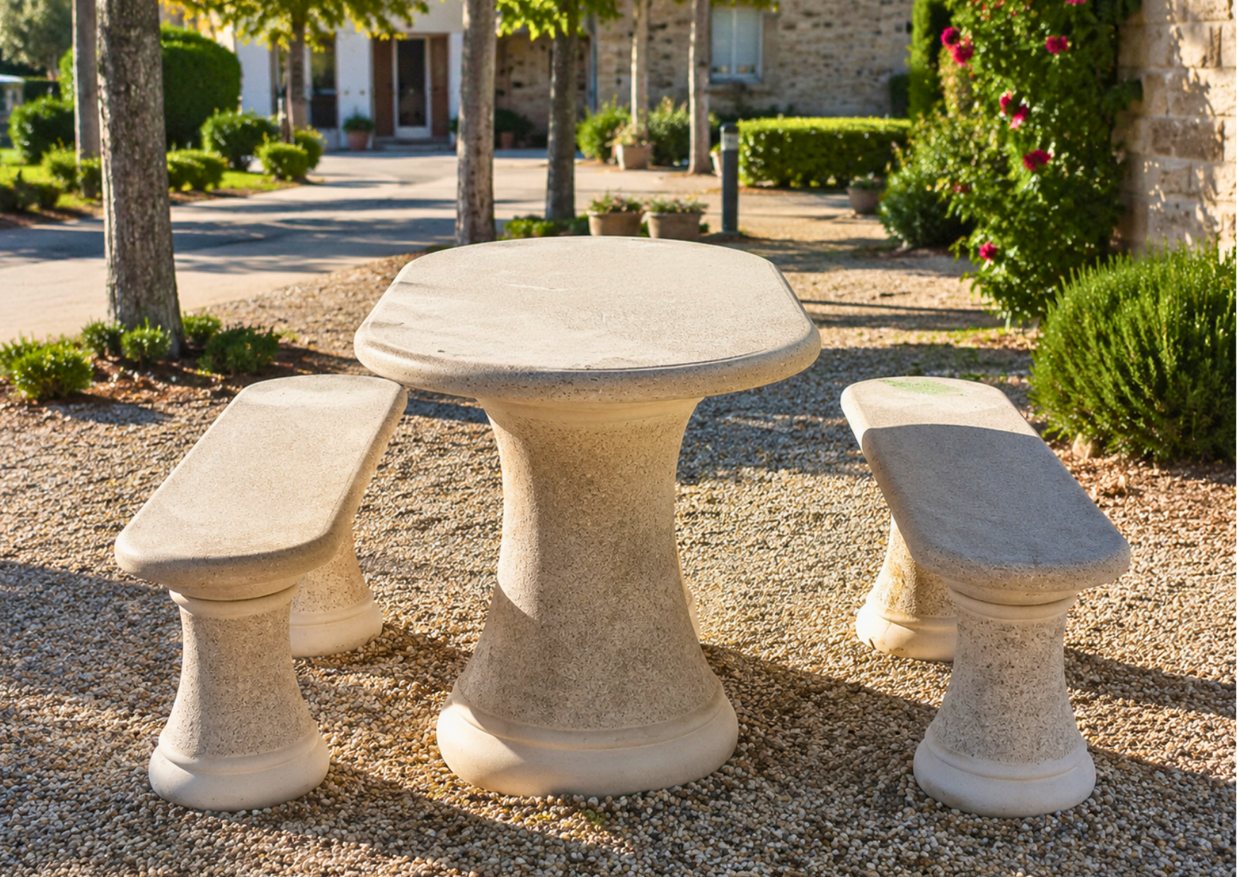 Table ovale et bancs de jardin en pierre reconstituée installés dans un espace extérieur paysager chez Le Marais Fleuri à Marans (17) et Mareuil-sur-Lay (85).