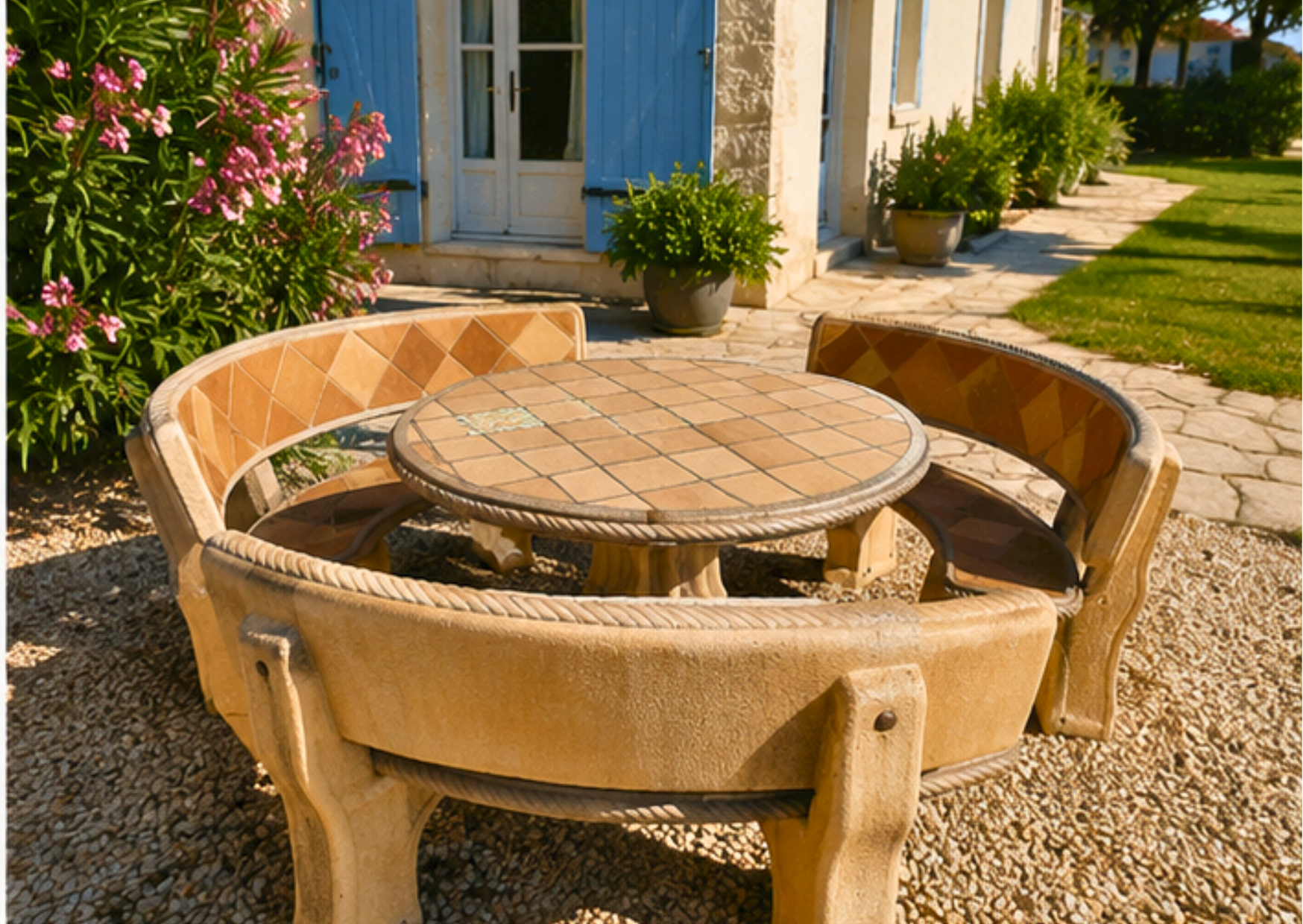 Table ronde d'extérieur et bancs incurvés en pierre et terre cuite devant une maison provençale chez Le Marais Fleuri à Marans (17) et Mareuil-sur-Lay (85).