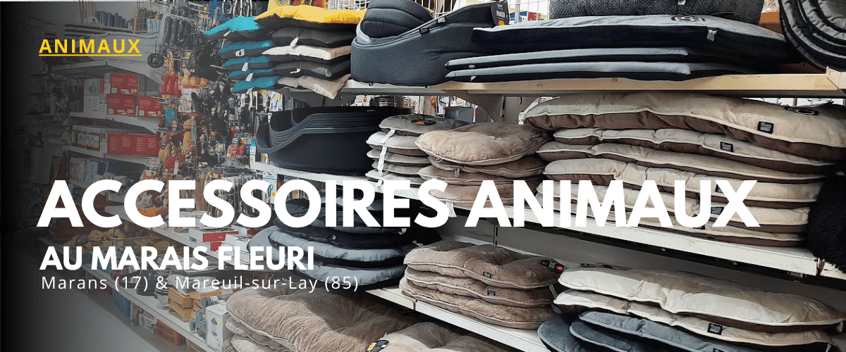 rayon accessoires animaux avec coussinerie et paniers pour chiens et chats au Marais Fleuri à Marans et Mareuil-sur-Lay.
