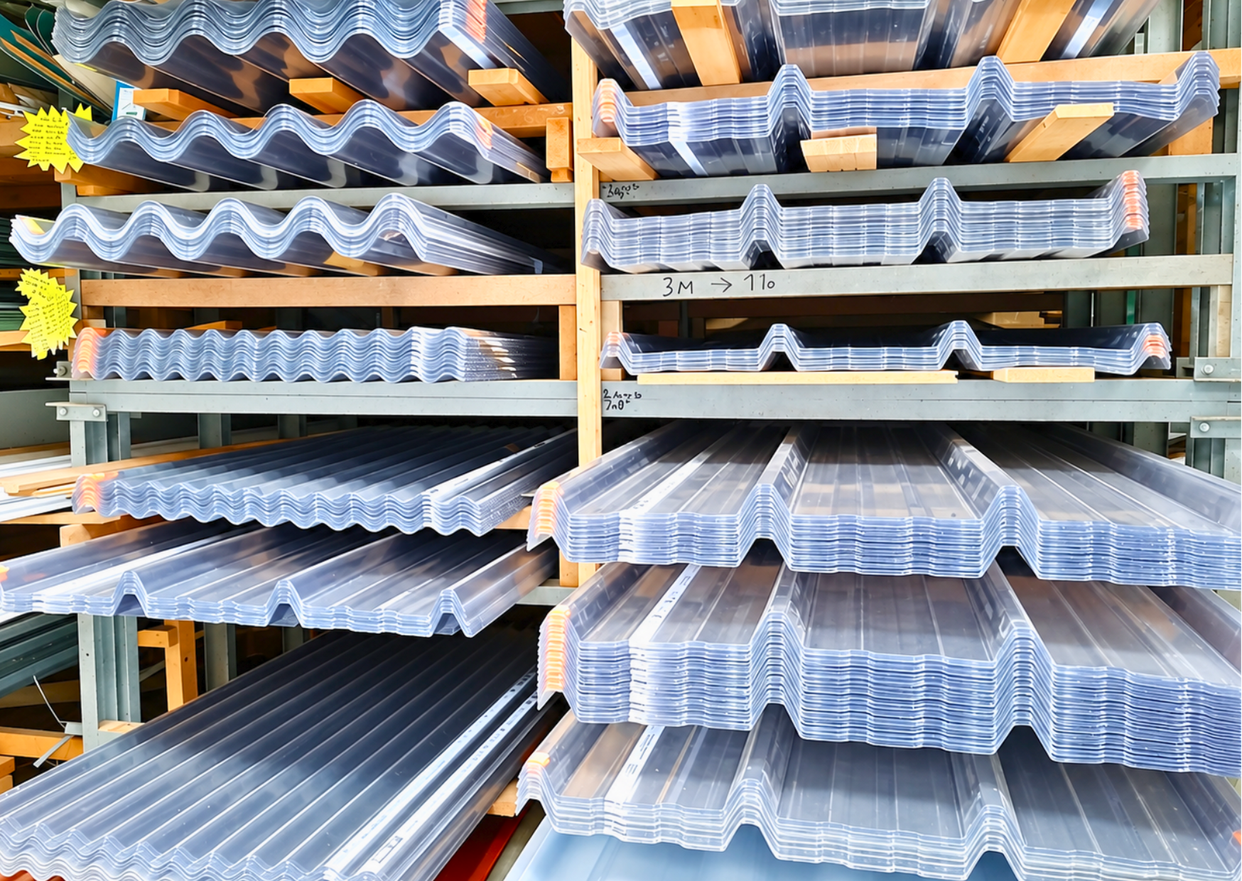 Stock de tôles translucides en polycarbonate ondulées et bac acier pour couverture au Marais Fleuri à Marans et Mareuil-sur-Lay.
